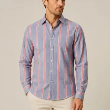 پیراهن مردانه آستین بلند کتان مدل راه راه درشت برند pull & bear(اورجینال) رنگ نیلی-صورتی کد 302081