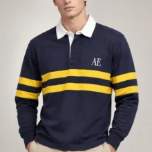 بلوز دورس سه دکمه مردانه مدل یقه دار برند American Eagle (اورجینال) رنگ سرمه ای با خطوط زرد