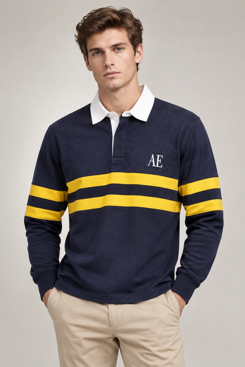 بلوز دورس سه دکمه مردانه مدل یقه دار برند American Eagle (اورجینال) رنگ سرمه ای با خطوط زرد